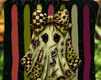 Fantasma spettrale PNG, design retrò di una ragazza zombie per Halloween, fiocco a scacchiera leopardata (download digitale)