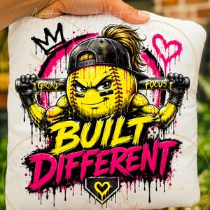 Pode incluir: Uma almofada branca com um design de softball. O design apresenta um personagem de bola de softball amarela usando um boné preto e segurando um bastão, com as palavras "BUILT DIFFERENT". Detalhes em rosa e preto completam o design.