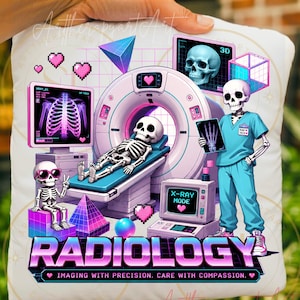 May include: A white square pillow featuring a colorful radiology-themed design. The design includes a skeleton in a medical setting with an X-ray machine, a CT scanner, and the word "RADIOLOGY" in a retro font. The text "IMAGING WITH PRECISION. CARE WITH COMPASSION." is also included.
