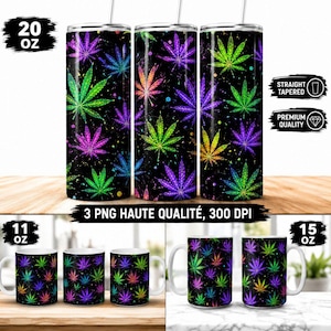 May include: Three 20 oz straight tumblers and two mugs in 11 oz and 15 oz sizes, all featuring a black background with a vibrant, multi-colored cannabis leaf pattern in shades of neon green, purple, blue, and yellow, including straws.