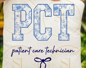 Patient Care Technician PNG, Blue Floral Toile, Coquette Bow Design (Digital Download)