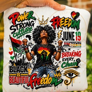 Peut inclure: Un coussin blanc avec un graphisme coloré célébrant le Juneteenth. Le design comprend les mots "Pouvoir", "Liberté" et "Black is Beautiful". Une femme avec une afro est représentée, ainsi que des chaînes, un drapeau et la date du 19 juin.