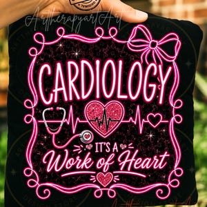 May include: A black square pillow featuring a neon pink graphic design with the text CARDIOLOGY IT'S A Work of Heart. The design includes a pink stethoscope, a glittery pink heart with an EKG line, a pink bow, and decorative scroll borders.