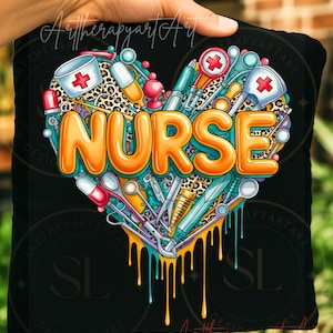 May include: Black square pillow with a heart-shaped design featuring medical tools and the word "NURSE" in orange bubble letters. The heart is filled with syringes, pills, and a leopard print pattern. The design has a dripping effect.