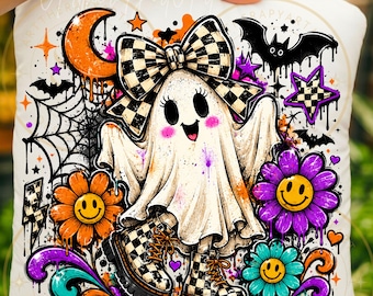 Fantasma inquietante e civettuolo in formato PNG, design a scacchiera retrò per Halloween (download digitale)