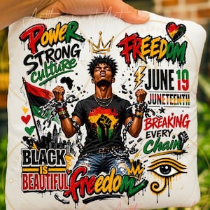 Peut inclure: Coussin carré blanc avec un graphisme célébrant le Juneteenth. Le design comprend les mots "Power", "Freedom", "Black is Beautiful" et "Breaking Every Chain". Une personne est représentée avec des chaînes et un poing levé.