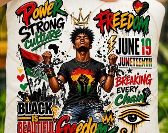 May include: White square pillow with a graphic design celebrating Juneteenth. The design includes the words "Power", "Freedom", "Black is Beautiful", and "Breaking Every Chain". A person is depicted with chains and a raised fist.