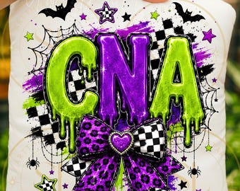 May include: A white square cushion featuring the letters CNA in a dripping slime effect, with the C and A in lime green and the N in purple. The design includes black and white checkered patterns, spiderwebs, bats, and a purple leopard print bow.