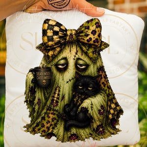 Spooky Ghost PNG, Black Cat, Coffee Lover Sublimation Design (Instant Download)