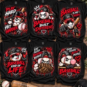 Könnte beinhalten: Sechs schwarze T-Shirts mit grafischen Illustrationen von Basebällen mit menschlichen Zügen, die Kappen und Sportausrüstung tragen. Jedes T-Shirt zeigt einzigartigen roten und weißen Text, einschließlich Phrasen wie Play Hard Hit Harder.