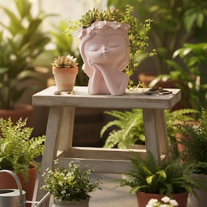 Peut inclure: Un pot de fleurs en céramique rose en forme de visage de femme, avec des succulentes. Il est posé sur un tabouret en bois, entouré de plantes en pot et d'un arrosoir. Un petit pot en terre cuite avec une succulente est également présent.