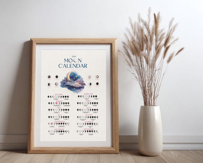 2026 Moon Calendar, Lunar Phases Wall Art Printable Calendar, Moon ...