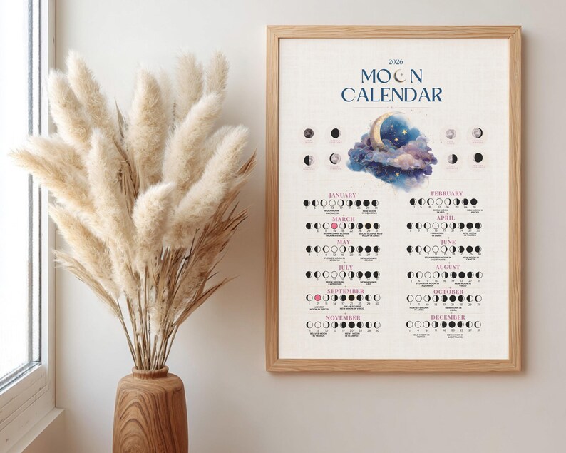 2026 Moon Calendar, Lunar Phases Wall Art Printable Calendar, Moon ...