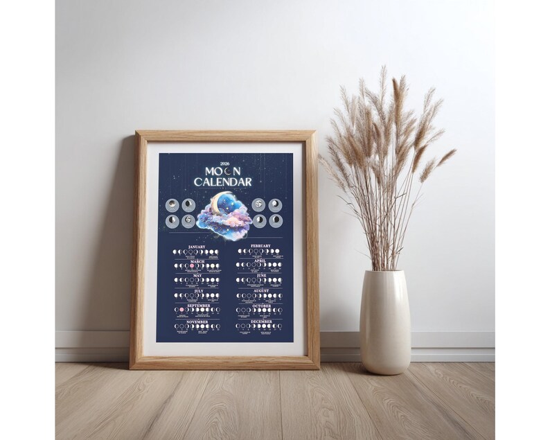 2026 Moon Calendar, Lunar Phases Wall Art Printable Calendar, Moon ...
