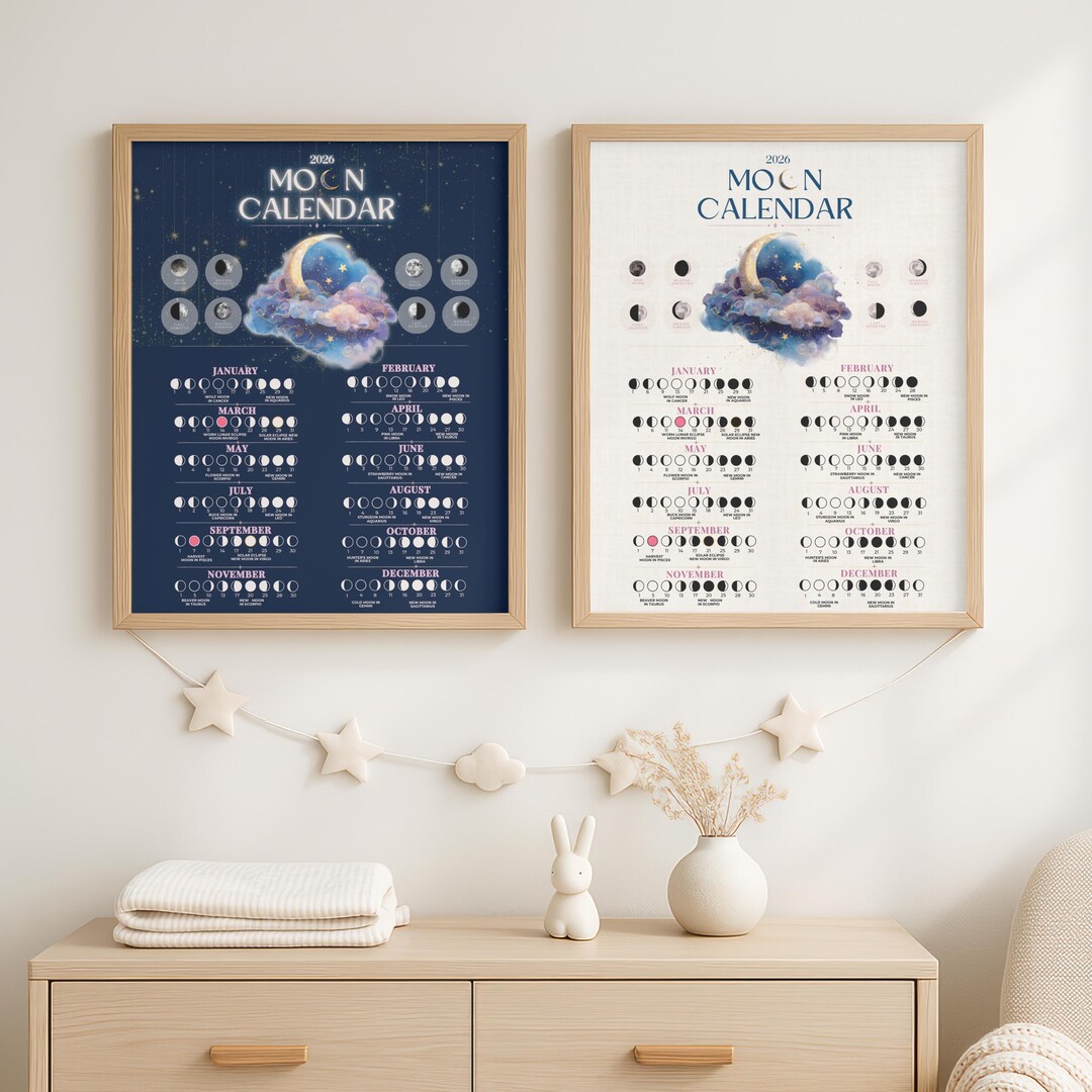 2026 Moon Calendar, Lunar Phases Wall Art Printable Calendar, Moon ...