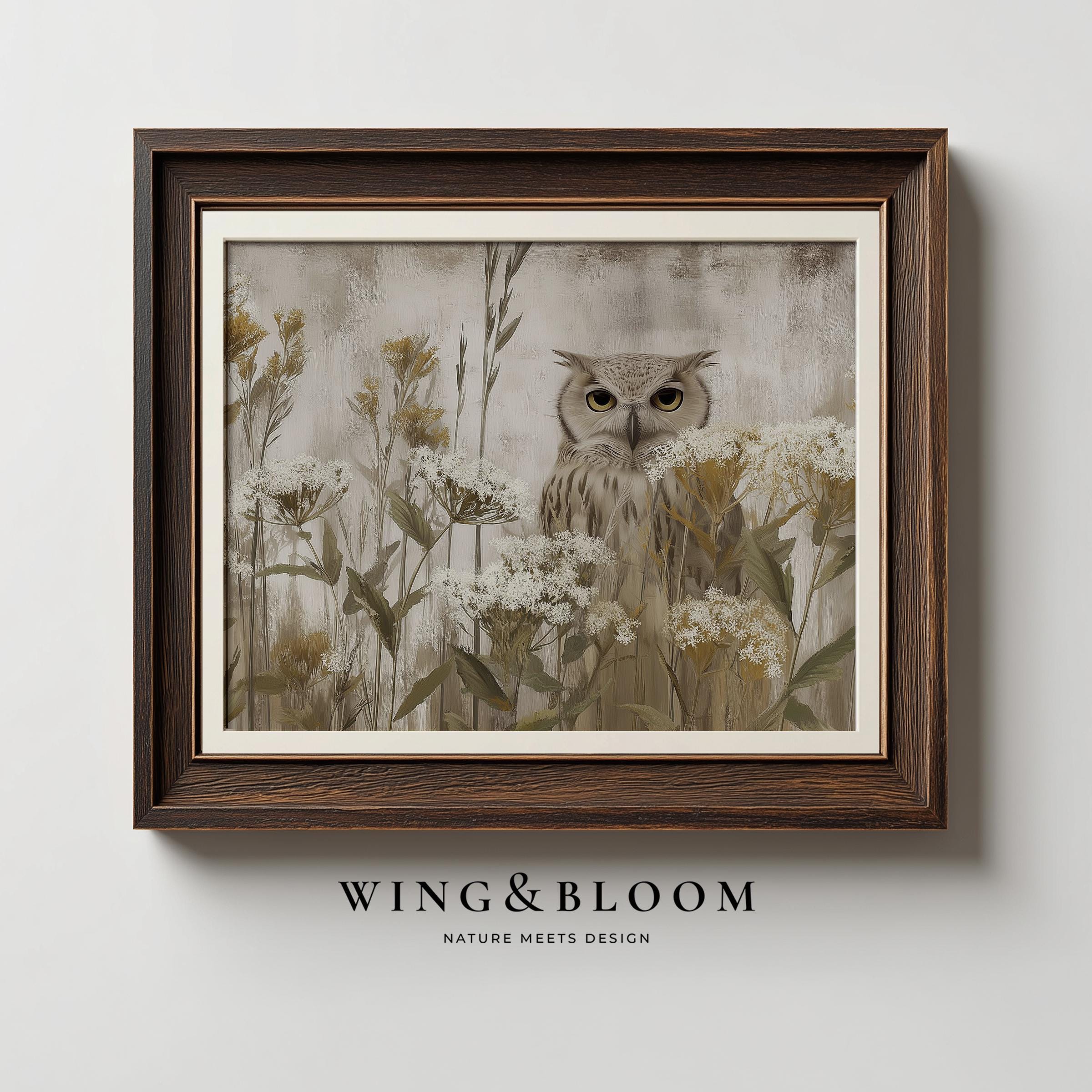 Barn Owl Watercolor Wall Art Neutral Wildflower Bird Print Soft Botanical Decor Rustic Nature Artwor