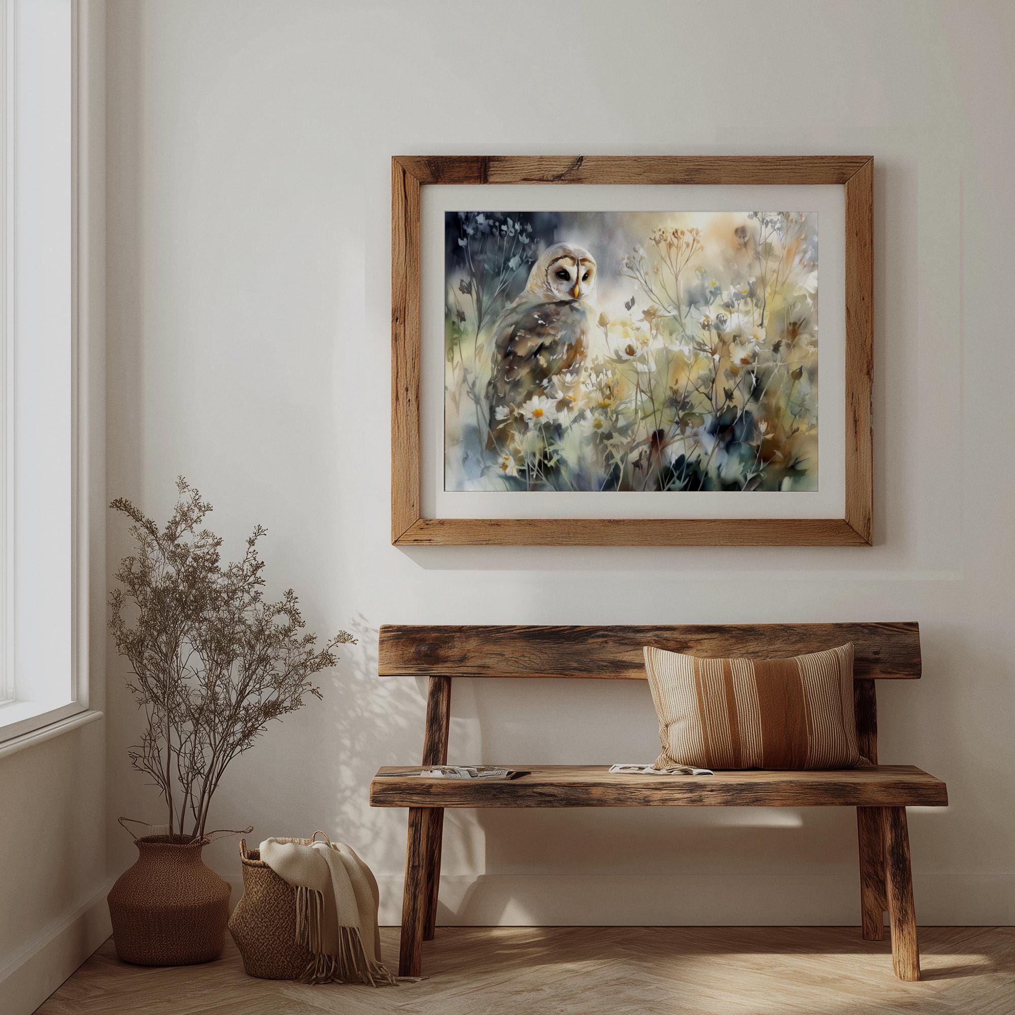 Barn Owl Wall Art Soft Wildflower Bird Print Neutral Botanical Decor ...