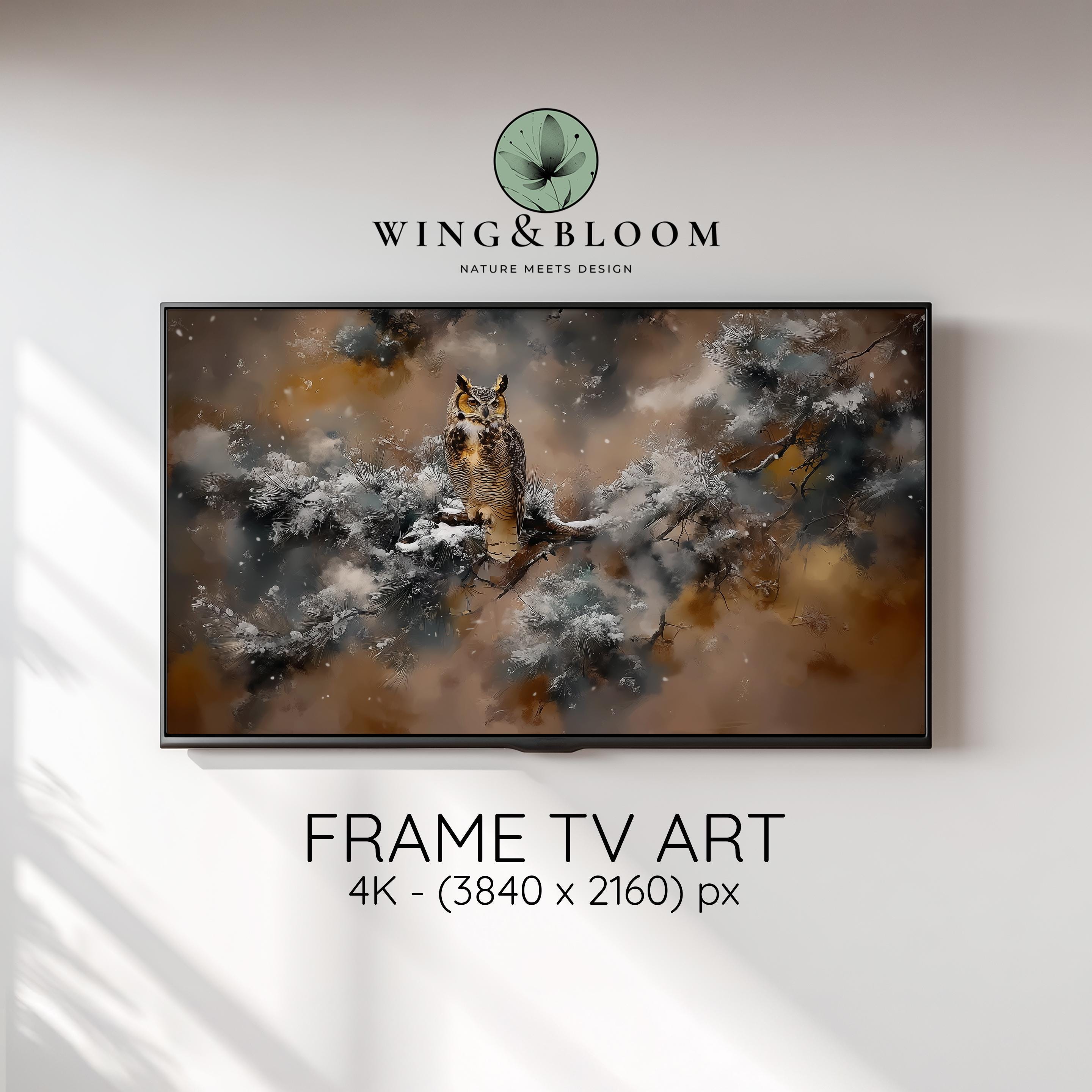 Winter Rustic Owl TV Art, Moody Wildlife Frame TV Art, Snowy Pine Scene, Woodland Decor, Realistic-I