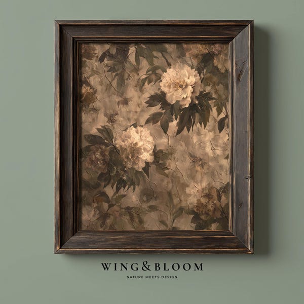 Rustieke donkere vintage bloemenkunst aan de muur - humeurige pioenbloesems, antieke botanische illustratie, neutraal Cottagecore-decor, digitale download