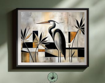 Lámina artística de garza, flores silvestres geométricas de mediados de siglo (descargable)