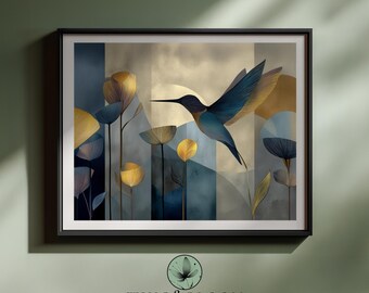 Abstract Hummingbird Wall Art Print – Modern Mid-Century Hummingbird Botanical Decor Digital Download