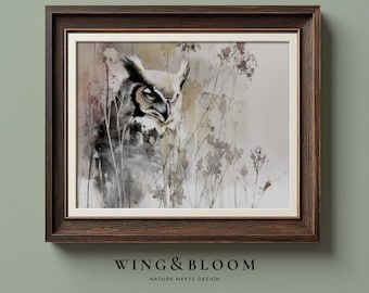 Búho cornudo con flores silvestres - Arte de pared rústico con un toque melancólico, decoración cottagecore, descarga digital imprimible