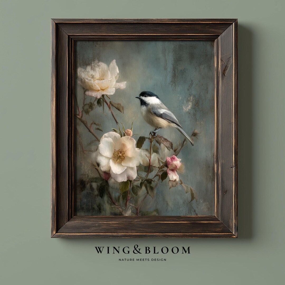 Chickadee on Blush Rose Stem Painting - Printable Cottagecore Wall Art ...
