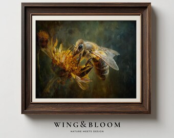 Bee Wall Art Moody Nature Print Honey Bee Botanical Decor Insect Artwork Rustic Wildflower Printable Wall Art Digital Download