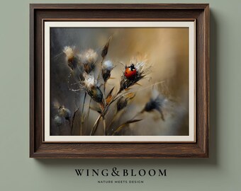 Humeurige botanische lieveheersbeestje print, vintage wilde bloemen zaad hoofden kunst, rustiek neutraal muur decor, gezellige herfst stilleven afdrukbare