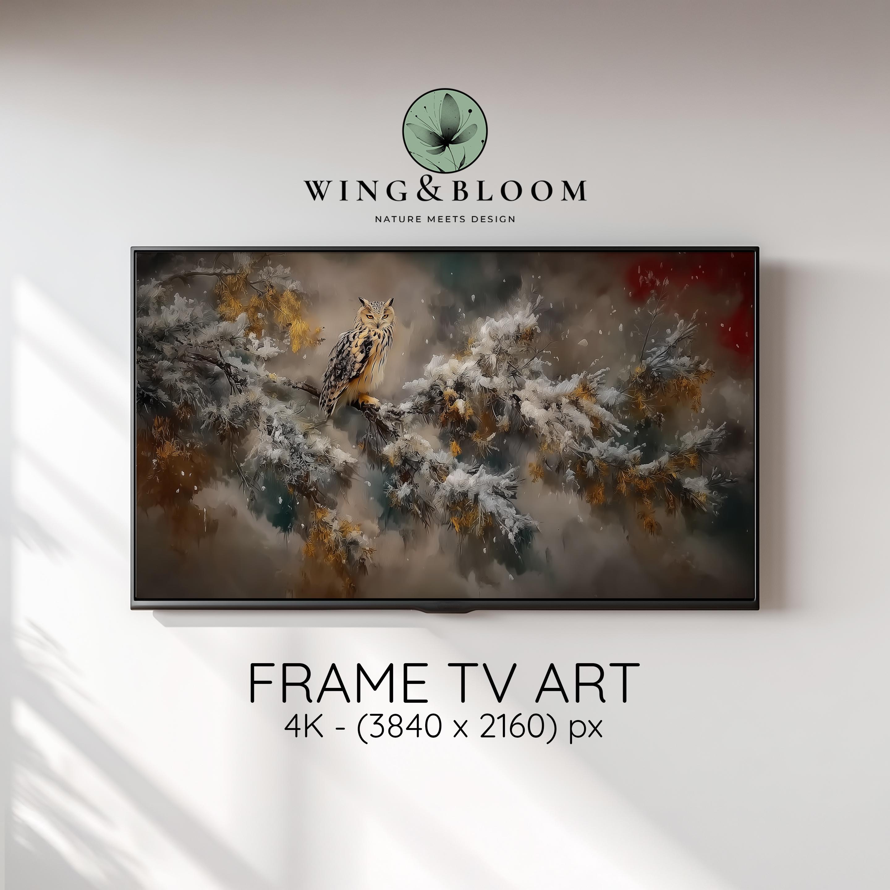 Winter Owl Frame TV Art, Moody Wildlife Wall Decor, Rustic Snowy Forest Painting, Farmhouse Style Wi