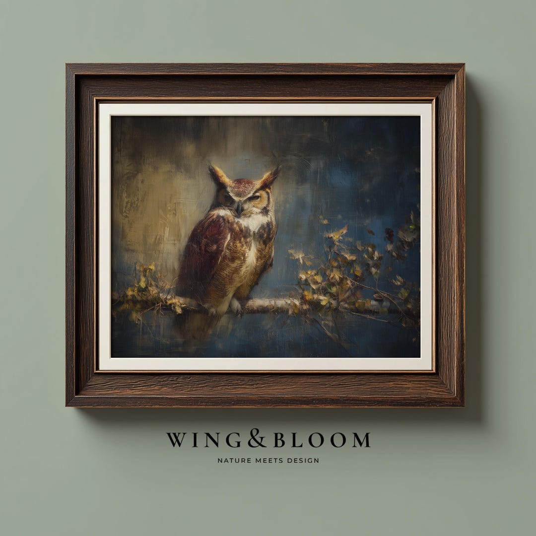 Great Horned Owl Wall Art Moody Woodland Bird Print Rustic Nature Decor ...