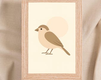 Soft Beige Modern Bird Illustration, Minimal Figurative Animal Poster,Scandinavian Minimalist Sparrow Wall Art