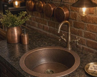 Fregadero redondo de cobre martillado – Lavabo de cobre macizo con pátina de bronce