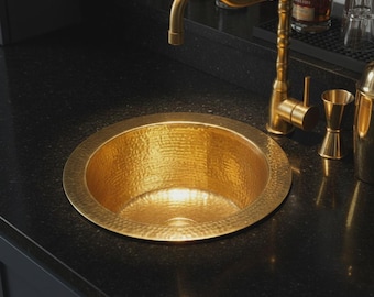 Hand-Hammered Unlacquered Brass Round Sink – Solid Bar Basin, Kitchen Prep Sink
