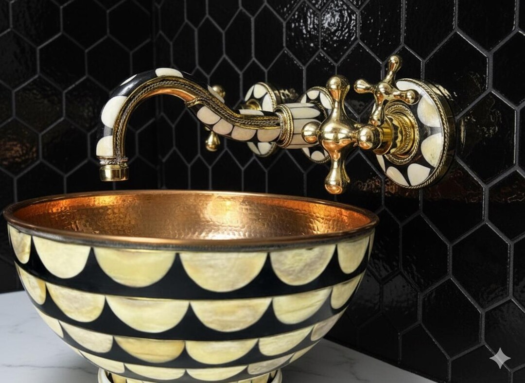 Handcrafted Unlacquered Brass Wall Mount Faucet - Moroccan Bone & Resin ...