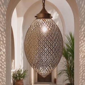 Handmade Moroccan Brass Pendant Light - Teardrop Filigree Chandelier - Hand Pierced Ceiling Lamp