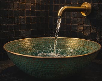 Fregadero de cobre con pátina verde hecho a mano - Lavabo de encimera redondo de encastre - Lavabo de encimera artesanal con verdigris