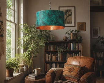 Handmade Verdigris Copper Pendant Light – Large Drum Industrial Hammered Lighting