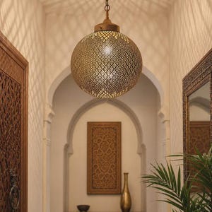 Handmade Moroccan Brass Pendant Light - Large Globe Filigree Chandelier - Hand Pierced Ceiling Light