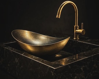 Hammered Brass Oval Vessel Sink with Drain – Gold Bathroom Basin for Luxury Vanity – Handcrafted