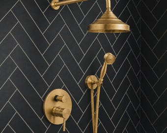 Unlacquered Brass Thermostatic Shower System, Rainfall Head, Handheld Sprayer, Living Finish
