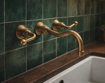 Unlacquered Brass Wall Mount Faucet, Vintage Lever Handle Bathroom Tap, Antique Mounted Sink Spout