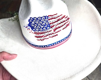 Hand-Decorated Cowboy Hat, US Flag Rhinestone Western Style, 4th of July Party Accessory. CUSTOM MADE