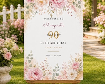 Könnte beinhalten: Ein rechteckiges Geburtstag-Willkommensschild auf einer Holzstaffelei mit Aquarell-Pfingstrosen, Rosen und Eukalyptusblättern. Der Text lautet: Welcome to Margaret's 90 90th Birthday Years Loved August 22, 2026. Das Design hat einen weißen Hintergrund.