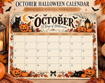 Oktoberkalender 2026 | Halloween-nedräkningskalender | Halloween-nedräkning | Utskrivbar Halloweenkalender