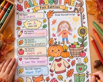 All About Me Printable, Fall All About Me, Autumn Worksheet, Fall Coloring Page for Kids, Kids Fall Activity