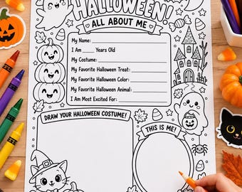 Allt om mig, Allt om mig-arbetsblad, Allt om mig utskrivbart, Halloweenaktivitet för barn, Halloween-målarbild, utskrivbara barn