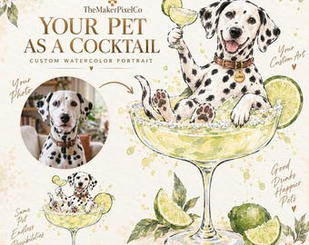Custom Pet Cocktail Illustration, Personalized Pet Watercolor, Wedding Bar Sign, Dog signature drink sign, Dog Cat Portrait, Digital Art