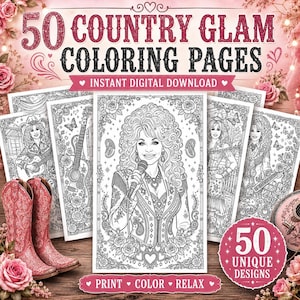 May include: A digital collection of 50 Country Glam coloring pages featuring illustrations of a woman with voluminous hair holding a microphone, guitars, and floral patterns. The text reads 50 Country Glam Coloring Pages, Instant Digital Download, and 50 Unique Designs, Print, Color, Relax.