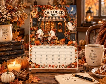 Oktoberkalender 2026 | Halloween-nedräkningskalender | Utskrivbar Halloweenkalender | Höstkalender | Mysigt spökcafé | A4 US Letter